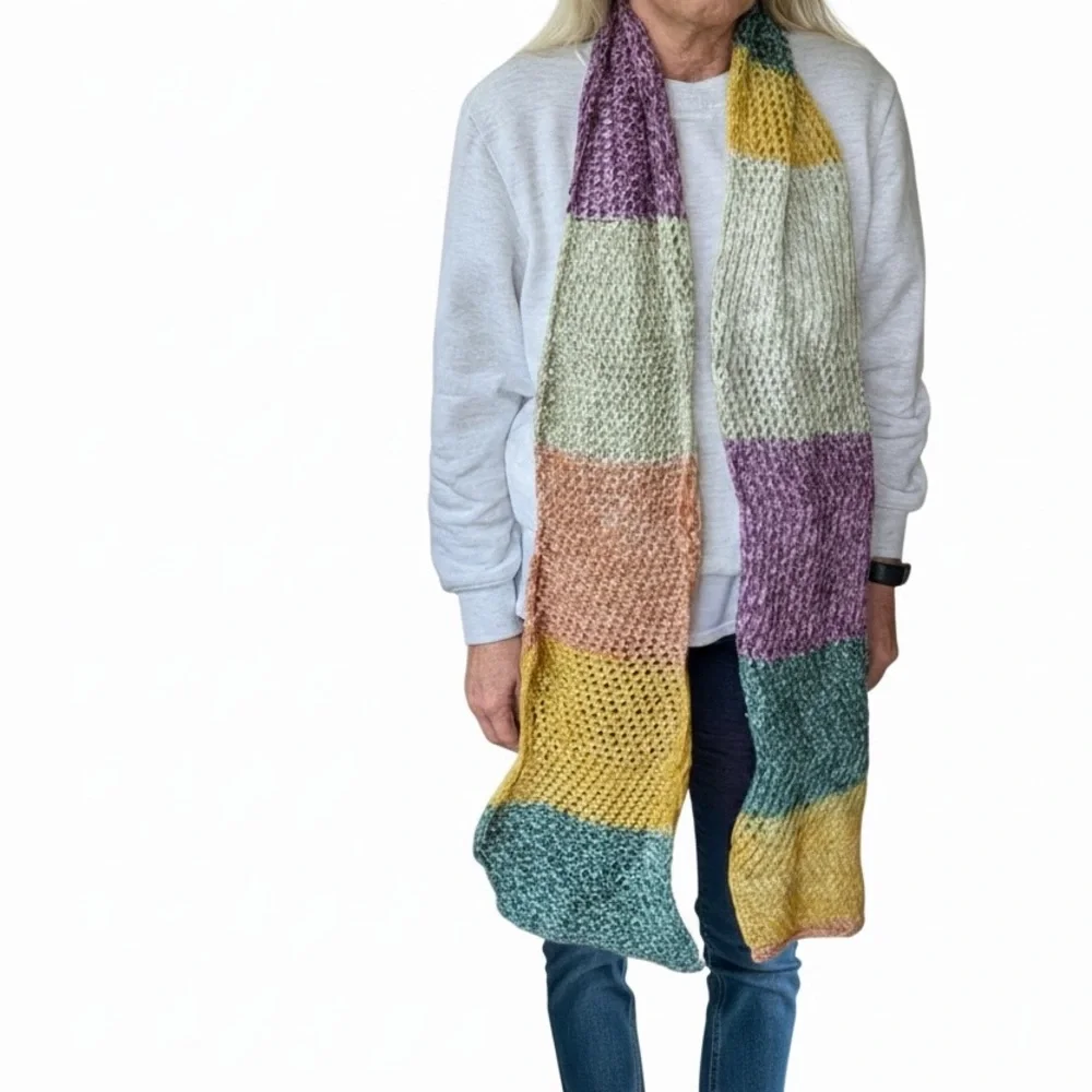 Scarf Hand Crafted Yellow Green Purple Orange Knit Acrylic